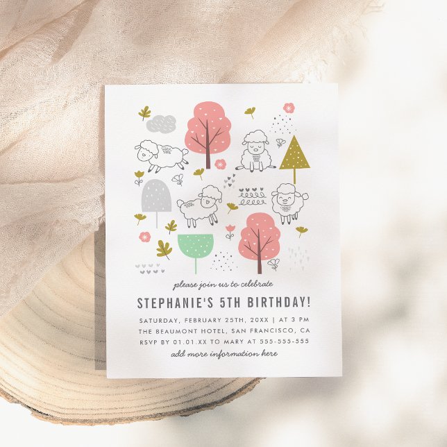 Cute Sheep Modern Little Girl's Birthday Party Invitation Postcard (Creator Uploaded)