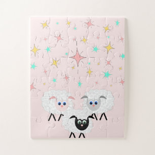 Cute Sheep & Night Stars on Pink Childrens Puzzle