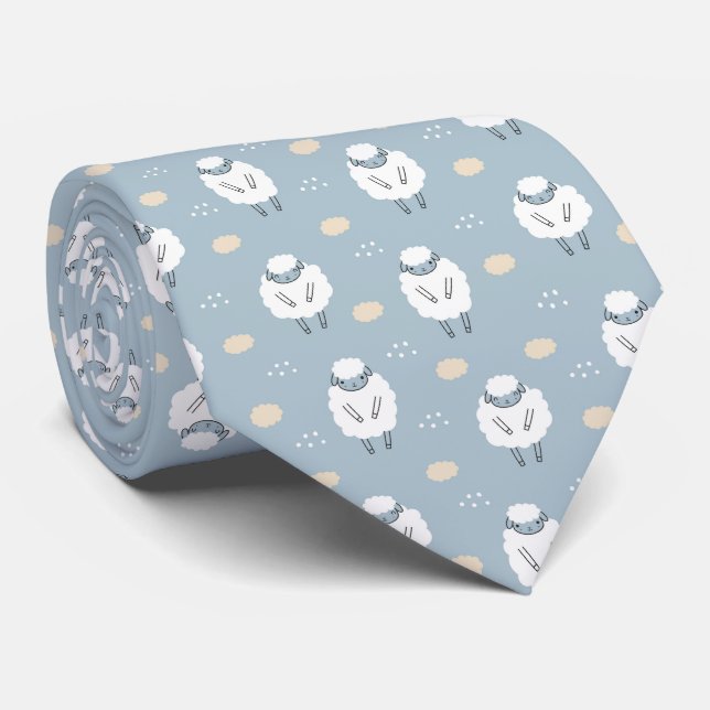 Cute Sheep on Dusty Blue Neck Tie (Rolled)