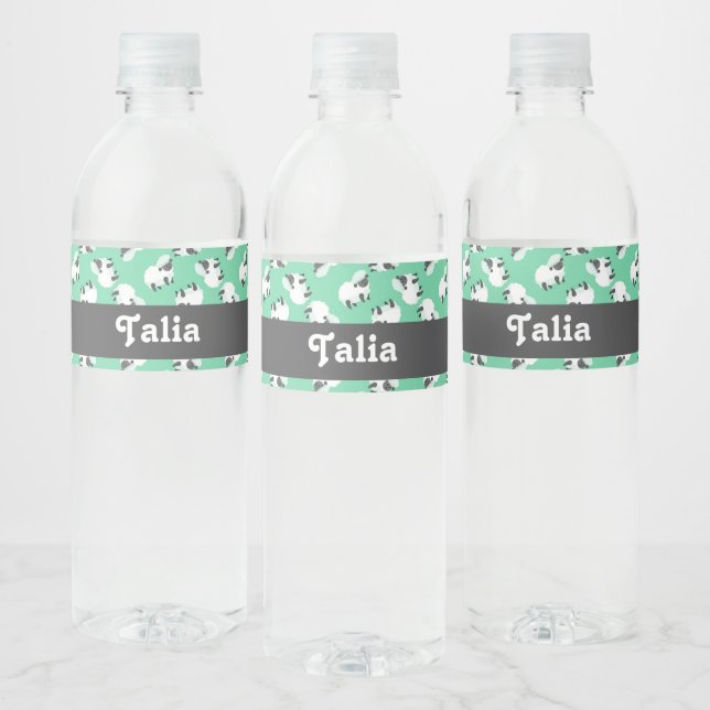 Cute sheep on green pattern water bottle label (Bottles)