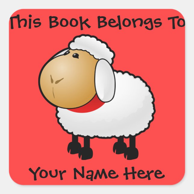 Cute Sheep on Red Book Name Sticker (Front)