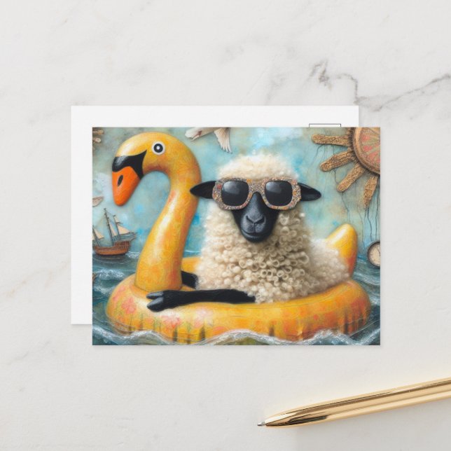Cute Sheep on Yellow Swan Floatie Postcard (Front/Back In Situ)