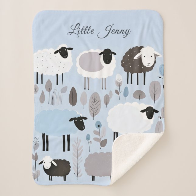 Cute Sheep Pastel Blue Colours Minimal Personalize Sherpa Blanket (Front)