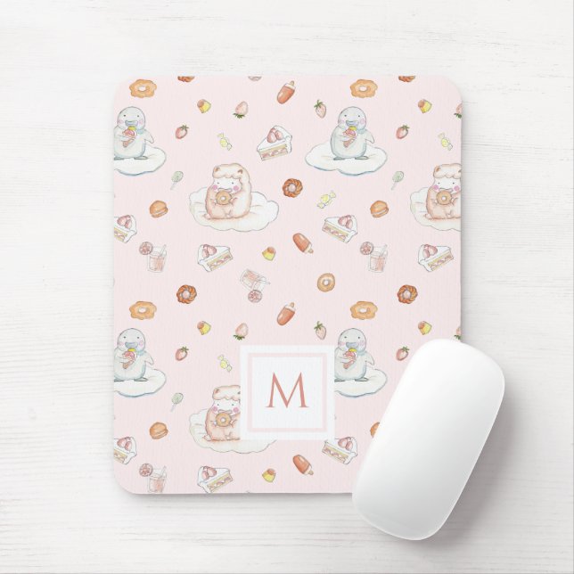 Cute Sheep & Penguin Sweets Pattern Pink Monogram Mouse Pad (With Mouse)