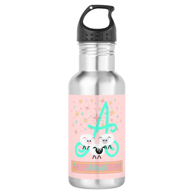Cute Sheep & Stars Name & Initial Monogram Pink 532 Ml Water Bottle (Front)