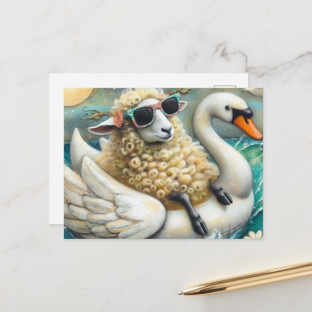 Cute Sheep Swan Floatie Postcard (Front/Back In Situ)