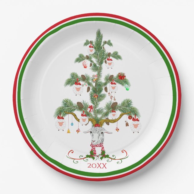 Cute Sheep Tree  Fleece Navidad Paper Plate (Front)
