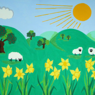 cute sheep trees hills blue sky and sun fun kids jigsaw puzzle