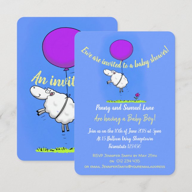 Cute sheep with balloon cartoon baby shower invitation (Front/Back)