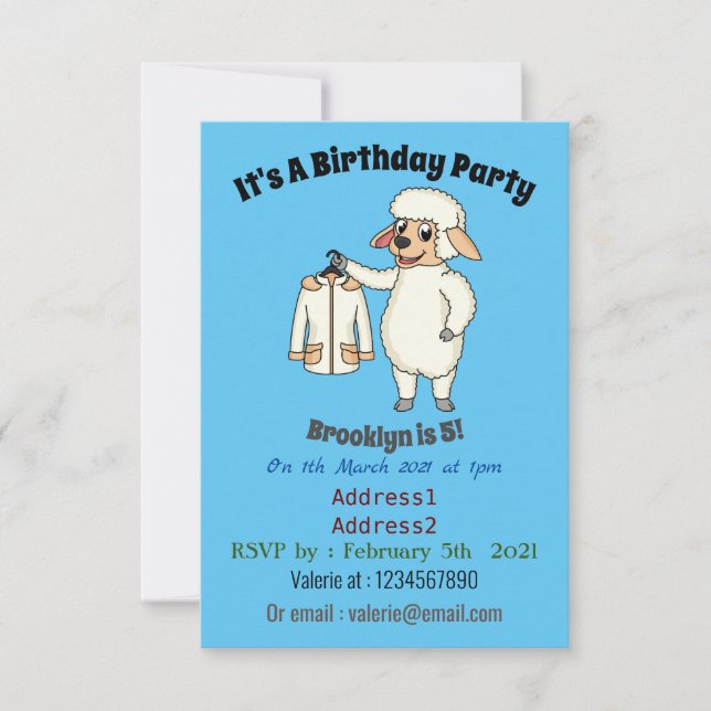 Cute sheep with jacket cartoon invitation (Front)