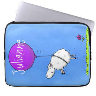 Cute sheep with purple balloon whimsical cartoon laptop sleeve
