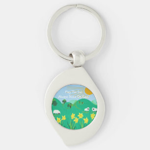 cute sheep with trees hills blue sky and  clouds keychain
