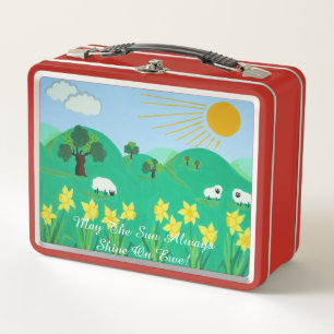 cute sheep with trees hills blue sky daffodils fun metal lunch box