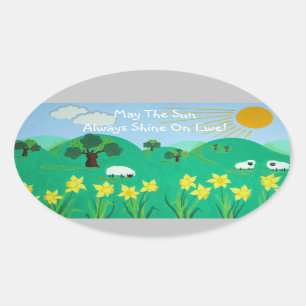 cute sheep with trees hills blue sky daffodils oval sticker
