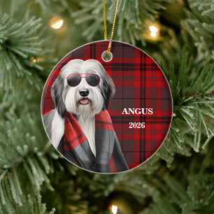 Cute Sheepdog and Red Plaid Personalized Dog Ceramic Ornament