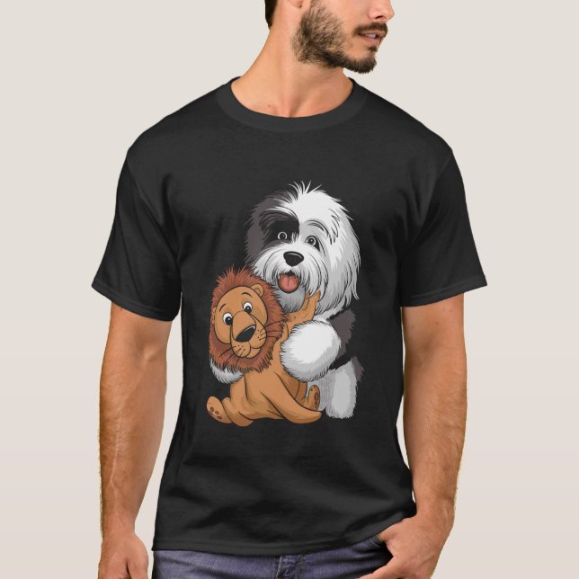 Cute Sheepdog Holding Teddy Bear with Hearts T-Shirt (Front)