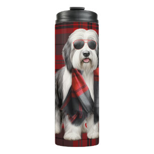 Cute Sheepdog in a Scarf with Red Plaid Funny Thermal Tumbler