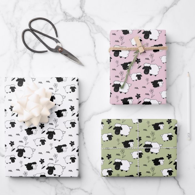 Cute Sheeps Illustration Black White, Blush, Green Wrapping Paper Sheet (Front)