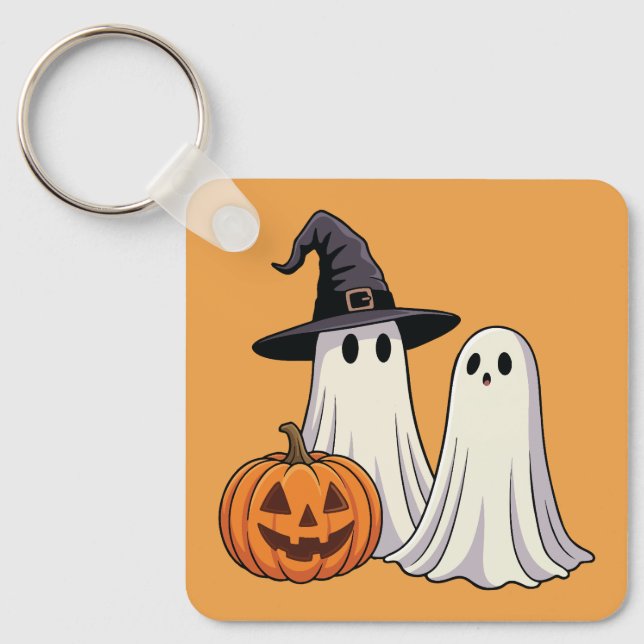 Cute Sheet Ghosts with Witch Hat & Pumpkin Keychain (Front)