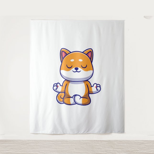 Cute shiba inu dog doing yoga meditation cartoon   tapestry (Front)