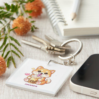  Cute Shiba Inu Dog Drinking Bubble Tea Add Name Keychain