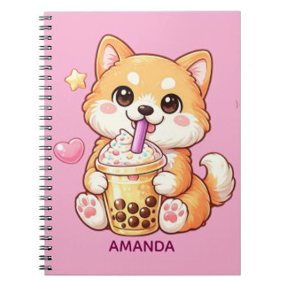  Cute Shiba Inu Dog Drinking Bubble Tea Add Name Notebook