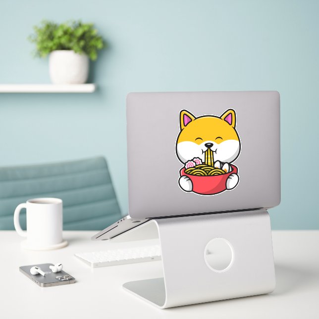 Cute Shiba Inu Eating Ramen Noodle  (Laptop On Desk)