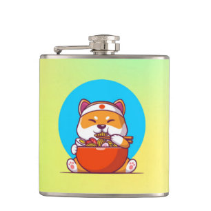 Cute Shiba Inu Eating Ramen Noodle Cartoon-23054 Hip Flask