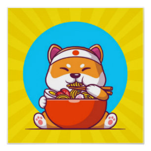 Cute Shiba Inu Eating Ramen Noodle Cartoon-23054 Poster