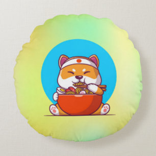 Cute Shiba Inu Eating Ramen Noodle Cartoon-23054 Round Pillow