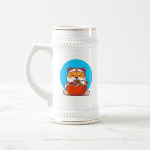 Cute Shiba Inu Eating Ramen Noodle Cartoon Beer Stein