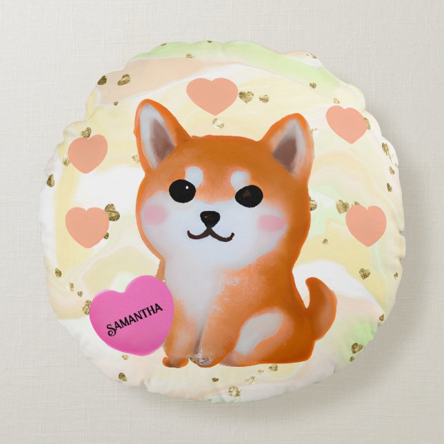 Cute Shiba Inu Hearts | For Dog Lover Round Pillow (Front)