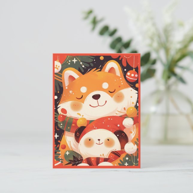 Cute Shiba Inu Hugging Panda Plush Holiday Postcard (Standing Front)