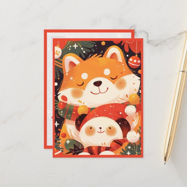 Cute Shiba Inu Hugging Panda Plush Postcard (Front/Back In Situ)