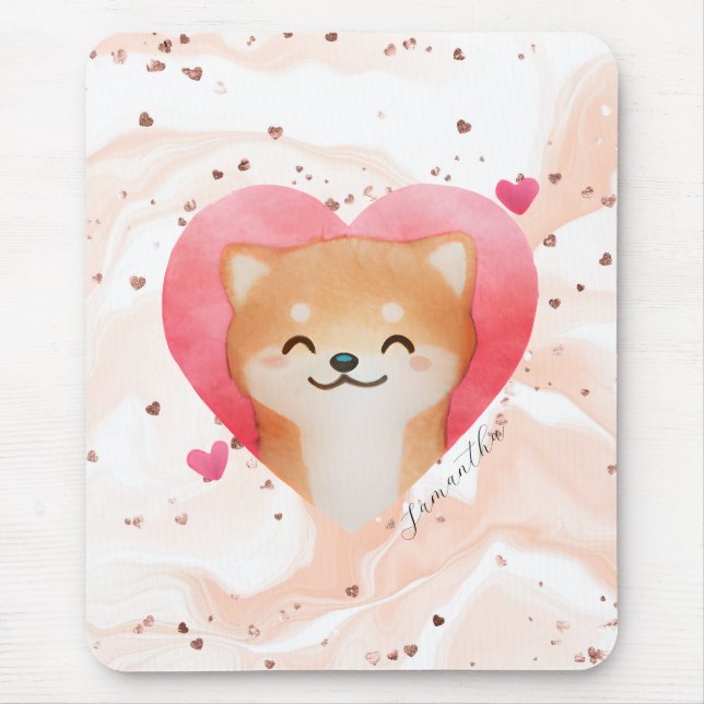 Cute Shiba Inu in a Heart Mouse Pad (Front)