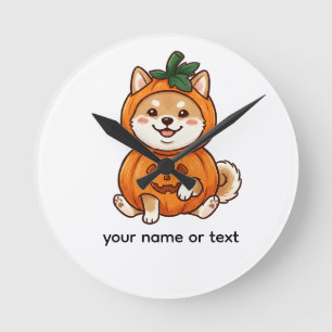 Cute Shiba Inu Pumpkin Costume Halloween Dog Illus Round Clock
