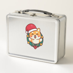 Cute Shiba Inu Smiling with Xmas Hat Active Metal Lunch Box