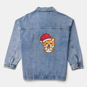 Cute Shiba Inu Smiling with Xmas Hat Denim Jacket