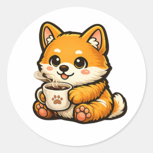 Cute Shiba Inu with Coffee – Cozy Dog Illustration Classic Round Sticker