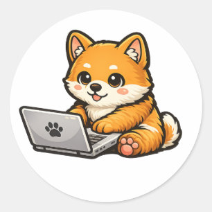 Cute Shiba Inu with Laptop – Cozy Dog Design Classic Round Sticker