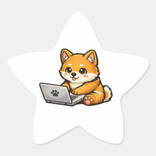 Cute Shiba Inu with Laptop – Cozy Dog Design Star Sticker