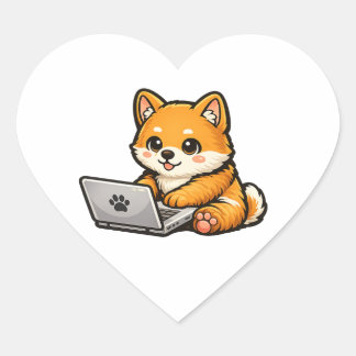 Cute Shiba Inu with Laptop – Cozy Dog Illustration Heart Sticker