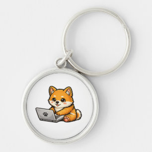 Cute Shiba Inu with Laptop – Cozy Dog Illustration Keychain