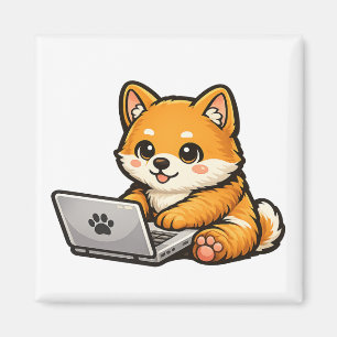 Cute Shiba Inu with Laptop – Cozy Dog Illustration Magnet