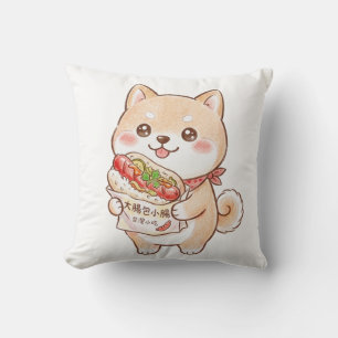Cute Shiba Inu with Taiwan Sausage Wrap Kawaii N Throw Pillow