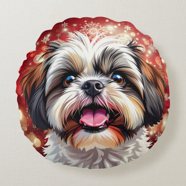 Cute Shih Tzu Christmas Round Pillow (Front)