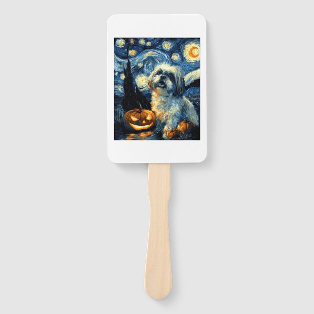 Cute Shih Tzu Dog Halloween Jack O Lantern Pumpkin Hand Fan (Front)