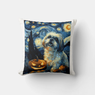 Cute Shih Tzu Dog Halloween Jack O Lantern Pumpkin Throw Pillow