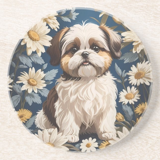 Cute Shih Tzu Dog White Daisy Flowers  Coaster (Front)