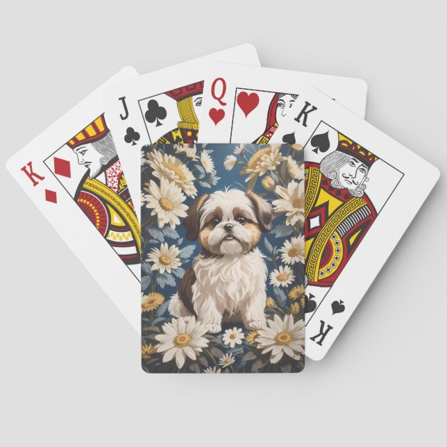 Cute Shih Tzu Dog White Daisy Flowers  Playing Cards (Back)